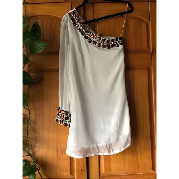 Floyd By Smith Beaded One Shoulder Mini White Dress SZ 12 - Picture 8 of 16